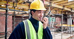 Construction, inspection or man on worksite with radio, safety check or monitoring of building project. Happy, ppe or engineer with tech, progress track or compliance feedback in communication.