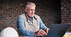 Laptop, happy and architect on site with typing for email on building, maintenance or repairs approval. Mature man, industry project and construction contractor with computer for report on renovation