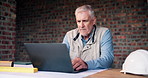 Laptop, man and architect on site with typing for email on building, maintenance or repairs approval. Technology, industry project and mature male contractor with computer for report on renovation.
