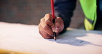 Person, hands or architect writing with blueprint for construction planning or building design. Contractor, civil engineer or drawing with floor layout for project or architecture development on site