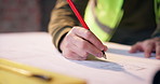 Hands, architect or writing with blueprint for construction planning or building design on site. Person, contractor or civil engineer drawing with floor layout for project or architecture development