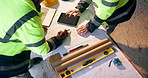 Architect, tablet screen and hands with blueprint on construction site, talk or property development. Civil engineering, collaboration and people with tech, above and drawing floor plan in building