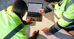 Architect, laptop screen and men with blueprint on construction site, talk and property development. Civil engineering, collaboration and people with tech, above and drawing floor plan in building