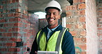 Tablet, happy and face of construction worker on site for research on property development with building. Man, digital technology and portrait of civil engineer with email for feedback on repairs.