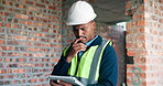 Black man, tablet and thinking on construction site for inspection, task brief or safety issue. Industry, quality control and engineer with tech for report mistake, project coordination or renovation