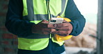 Hands, architect and person with phone at construction site, text message and communication app. Mobile, engineer and typing for project development update, building report and online schedule