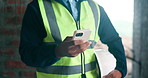 Hands, engineer and person with phone at construction site, text message and communication app. Mobile, architect and man typing for project development update, building report and online schedule