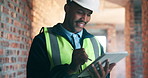 Black man, tablet and checklist on construction site for inspection, task brief or safety update. Infrastructure, quality control and engineer with tech, report or project coordination for renovation