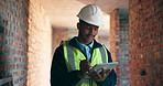 Black man, tablet and writing on construction site for inspection, task brief or safety update. Infrastructure, quality control and engineer with tech, report or project coordination for renovation
