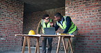 Architect, ideas and men with laptop on construction site, teamwork or plan for property development. Civil engineering, collaboration and people with tech, talking and architecture research on web