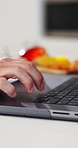 Hands, person and laptop in home for cooking, research and online recipe for healthy food. Scroll, pc and blog at house with vegetables, streaming tutorial and meal prep instructions for vegan lunch