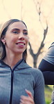 Fitness, woman and couple running in nature with smile, workout and healthy relationship for wellness, Happy, person and husband in forest with cardio exercise, endurance training and conversation.