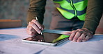 Hands, architect or writing with blueprint or tablet for construction planning or building design. Person, contractor or civil engineer with technology, app or floor layout for architecture project