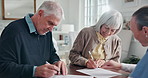 Elderly, nurse and couple with documents for healthcare agreement or medical contract in home. Senior, man and woman writing or signing with caregiver or form for health insurance or deal in house