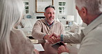 Elderly, couple and handshake with financial advisor for retirement plan or agreement in home. Senior, man and woman shaking hands with tablet for legal contract, deal or pension application in house