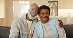 Commitment, love and face of black couple on sofa of home for bonding, support and care. Happiness, relax and trust with black man and woman in living room for peace, smile and relationship