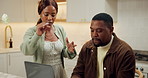 Laptop, argue and debt with black couple in kitchen for bankruptcy email, final notice or fight. Late payment, online debit fail and frustrated with man and woman in home for stress and budget crisis