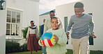 Playing, running and backyard with black family and ball for bonding, games and weekend break. Support, fun and freedom with parents and children outdoor at house for energy, love and happiness
