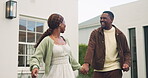 Running, backyard and holding hands with black couple in new house for future, real estate and love. Property milestone, bonding and connection with man and woman outdoor for achievement and support
