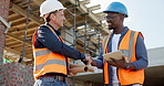 Handshake, architect and tablet with men on construction site for meeting, blueprint and team. Online floor plan, engineer agreement and building inspection with people shaking hands outdoor