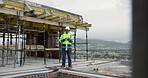 Architect, outdoor and man with tablet on construction site, reflection and planning for renovation. City, civil engineering and black person with tech, thinking and property development research