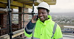 Man, foreman and phone call on construction site for planning, compliance update or blueprint. Foreman, black person and tech on worksite for project feedback, talk or happy for deadline extension