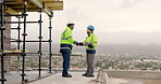 Architect, handshake and men with tablet on construction site, teamwork and planning for renovation. City, architecture and happy people with tech, shaking hands or agreement for property development