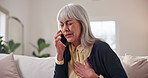 Phone call, telehealth or old woman in home with chest pain, sick or discussion in online consultation. Discomfort, flu or senior person with tech, lung infection or health advice on digital platform