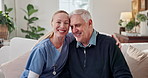 Face, caregiver and old man in home with wheelchair, assistance and support for rehabilitation. Portrait, nurse and senior person with disability, assisted living and elderly care for physiotherapy