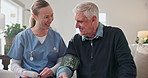 Checkup, blood pressure and nurse with senior man for homecare with hypertension diagnosis. Sphygmomanometer, medical consultation and caregiver with elderly patient for cardiology exam in house.