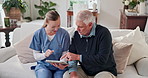 Senior man, consultation and caregiver with tablet in nursing home, smile or explaining test results. Retirement, healthcare and nurse with tech for treatment plan, happy and talk with elderly person