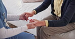 Support, nurse or old woman in house with holding hands, understanding or comfort in retirement. Compassion, senior person or caregiver with kindness, patient security or trust in medical assistance.