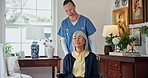 Caregiver, push and old woman in home with wheelchair, support and medical advice for rehabilitation. Happy, nurse and senior person with disability, healthcare assistance or talk for injury recovery