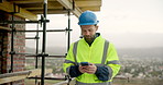 Architect, texting and man with phone on construction site, outdoor or communication on social media. City, civil engineering and person with mobile for message, online and renovation plan on website