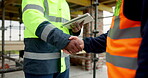 Architect, shaking hands and team with tablet on construction site, talk and planning for renovation. Civil engineer, discussion and people with tech, handshake and agreement for property development