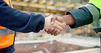 Construction site, engineer and handshake with people outdoor for development deal or agreement. Architecture, shaking hands and collaboration for building project, teamwork or partnership at meeting