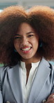 Happy, crossed arms and face of black woman in office with confidence for finance career. Smile, professional and portrait of female financial manager with pride for company about us in workplace.