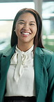 Smile, professional and face of businesswoman in office with confidence for finance career. Happy, Asian person and portrait of female financial manager with pride for company about us in workplace.