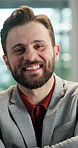 Happy, crossed arms and face of businessman in office with confidence for finance career. Smile, professional and portrait of male financial manager with pride for company about us in workplace.