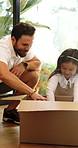 Father, child and moving out of home with packing, learning skills and happy for property investment. Smile, man and daughter leaving house with cardboard box, bonding or celebration for real estate.