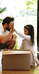 Father, child and moving out of house with packing, toy storage and high five for property investment. Happy, man and daughter leaving home with cardboard box, bonding or celebration for real estate.