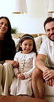 Face, parents and child in home with smile, love and bonding together for growth. Portrait, people and laugh in living room with daughter, family connection and relationship for weekend break on sofa