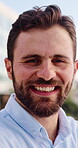 Happy, face and man with pride in city, laugh and real estate agent with career growth and ambition. Outdoor, realtor and person with smile for property development, confident and opportunity in USA