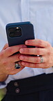 Employee, texting and hands with phone, outdoor and chatting with contact for real estate investment. Typing, message and business person with mobile, realtor and communication on social media app