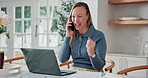 Laptop, winning and happy woman with phone call in home for bonus, business promotion or good news. Excited, female person or conversation with smile, computer or smartphone for achievement in house