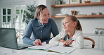 Laptop, kitchen and mother with child for elearning, homework or education project in house. Book, happy and mom helping girl student with online school assignment for development in apartment.