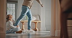 Legs, father or child with attachment in home for separation anxiety, dependence or sad for leaving. Clingy behavior, dad and dragging girl for emotional connection, attention and struggle to walk