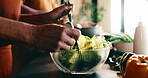 Cooking, salad and hands with utensils in house, nutrition and meal prep with ingredients in kitchen. Mixing, food and people with culinary skills for gourmet, vegetarian and organic diet in home
