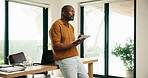 Black man, tablet and drawing in home for freelance, web design and digital art on mobile app with inspiration. Remote work, person and creative for brand project, internet portfolio and sketch idea