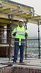 Architect, thinking and man with blueprint on roof, inspection and planning for property development. Building, check and black person with document, serious and reflection on construction site